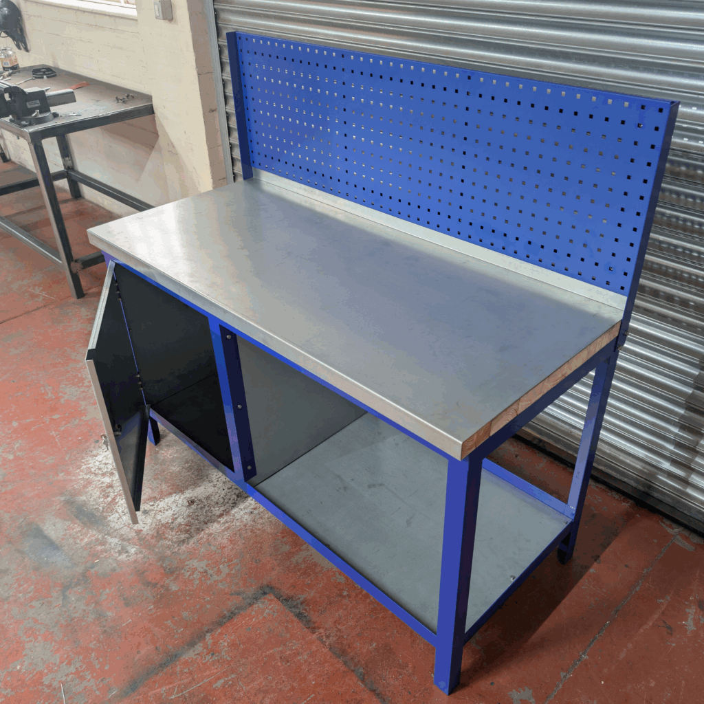 Blue workbench with open door